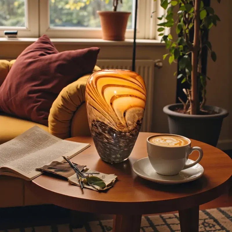 فازة مورانو زجاجية بتصميم العنبر والرمادي الداكن، موضوعة على طاولة قهوة خشبية سوداء مع كتب وكوب قهوة.